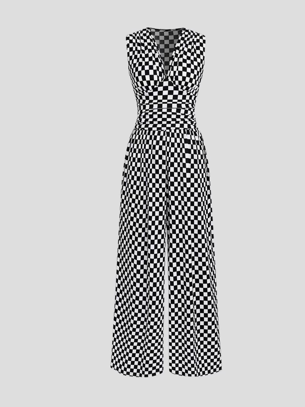 Retro Chic Black and White Checker Breathable Ribbed Jumpsuit New Boutique